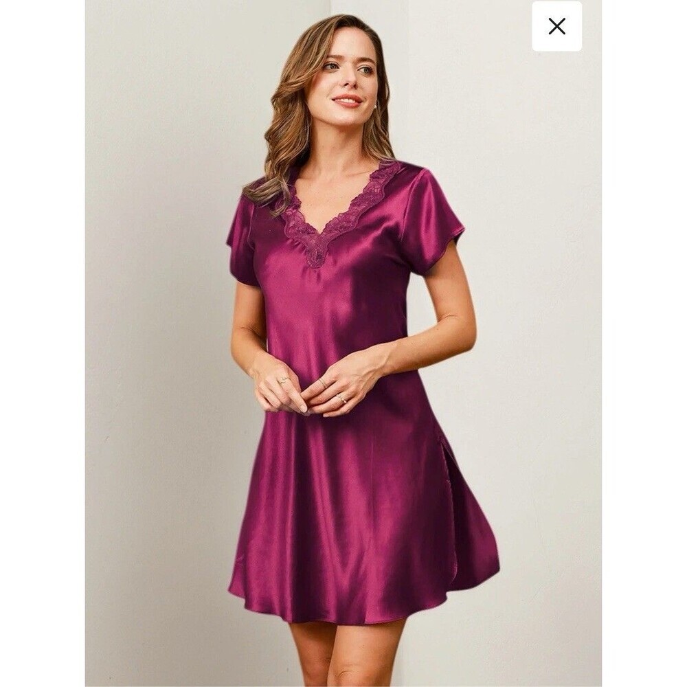SILKSILKY  NWT 100% Silk Lace Neck Split Hem Nightgown Dress Color Wine Size XS